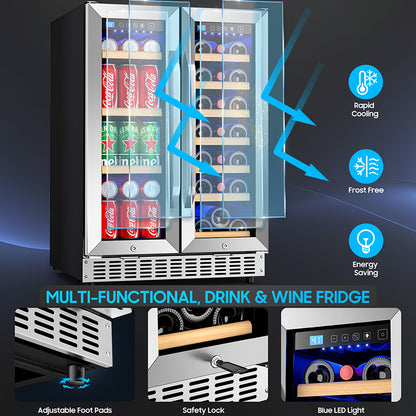 Beverage Cooler with Glass Door holds 21 Bottles and 88 Cans Wine and Beverage Refrigerator 24'', Dual Zone Wine Fridge Built in or Freestanding, Upgrade Cooling Low Noise for Kitchen, Bar, Office