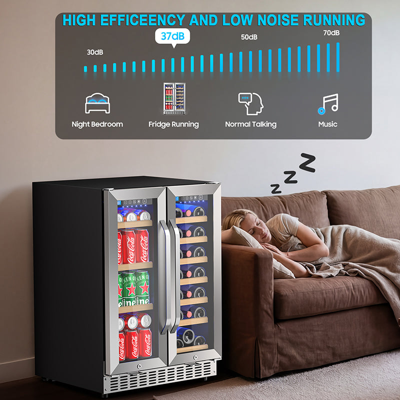 Beverage Cooler with Glass Door holds 21 Bottles and 88 Cans Wine and Beverage Refrigerator 24'', Dual Zone Wine Fridge Built in or Freestanding, Upgrade Cooling Low Noise for Kitchen, Bar, Office