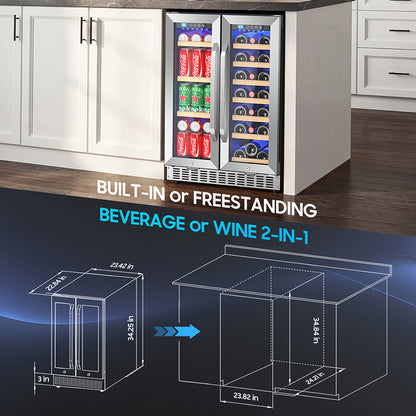 Beverage Cooler with Glass Door holds 21 Bottles and 88 Cans Wine and Beverage Refrigerator 24'', Dual Zone Wine Fridge Built in or Freestanding, Upgrade Cooling Low Noise for Kitchen, Bar, Office