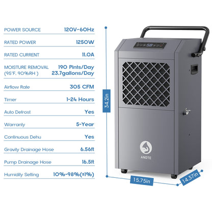ANDTE 190 Pints Commercial Dehumidifier with Drain Hose, Industrial Dehumidifier for Basements, Garages, and Flood Restoration, Includes 5-Year Warranty