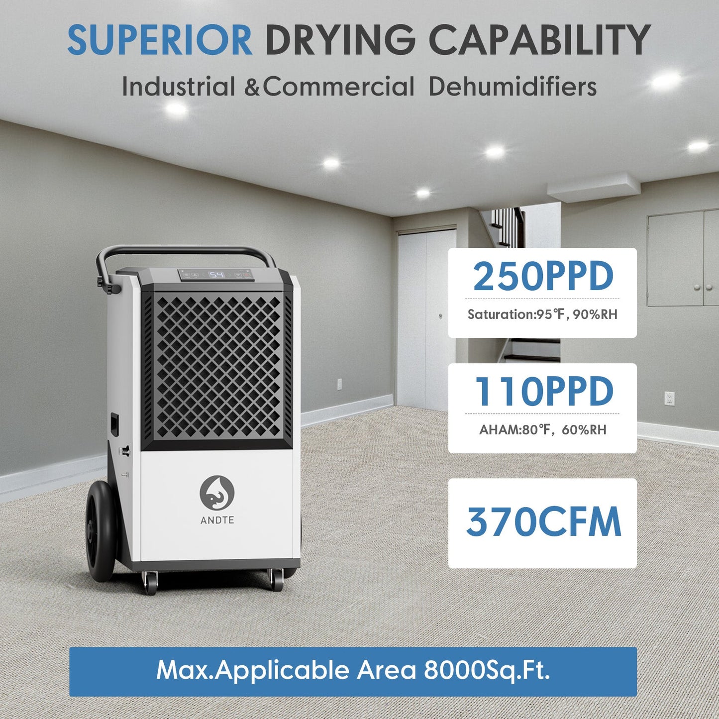 ANDTE 250 Pints Commercial Dehumidifier with Pump, Industrial Dehumidifier for Basements, Garages, and Flood Restoration, 5 Years Warranty