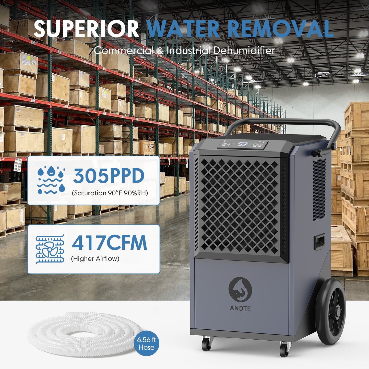 ANDTE 305 Pints Commercial Dehumidifier with Drain Hose, Industrial Dehumidifier for Basements, Coverage Area 3800 Sq.ft