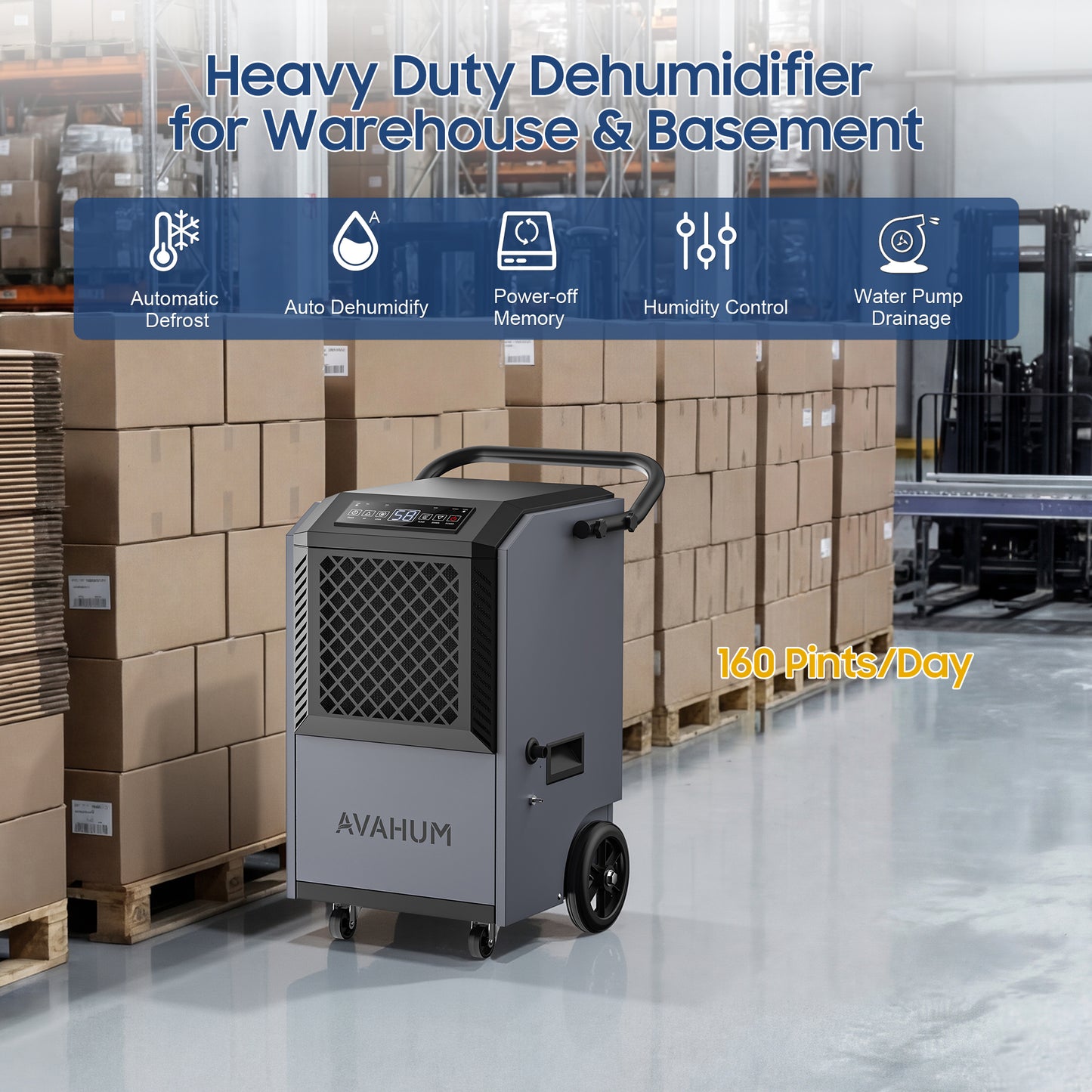 AVAHUM 160 Pints Commercial Dehumidifier With Pump for Basement,Large Dehumidifier for Basement With Drain Hose,Timer and 4 Wheels,Industrial Dehumidifiers for Flood Repair,Drying Basement,Warehouse and Factory