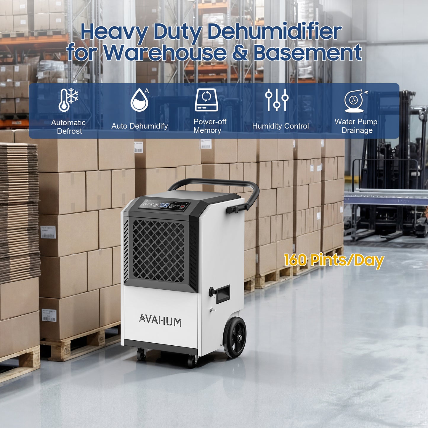 AVAHUM 160 Pints Commercial Dehumidifier with Pump, Drain Hose and Washable Filter Space up to 7500 Sq. Ft, for Basements, Industrial or Commercial Spaces - 1 Year Quality Coverage