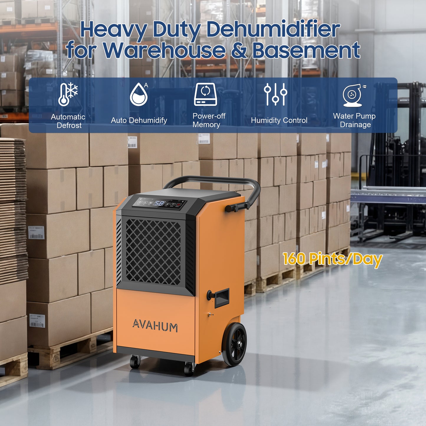 AVAHUM 160 Pints Commercial Dehumidifier with Pump and Drain Hose for Basements, Heavy Duty Commercial Grade Dehumidifiers for Large Spaces, Warehouse, Industry Water Damage Unit, Auto Defrost
