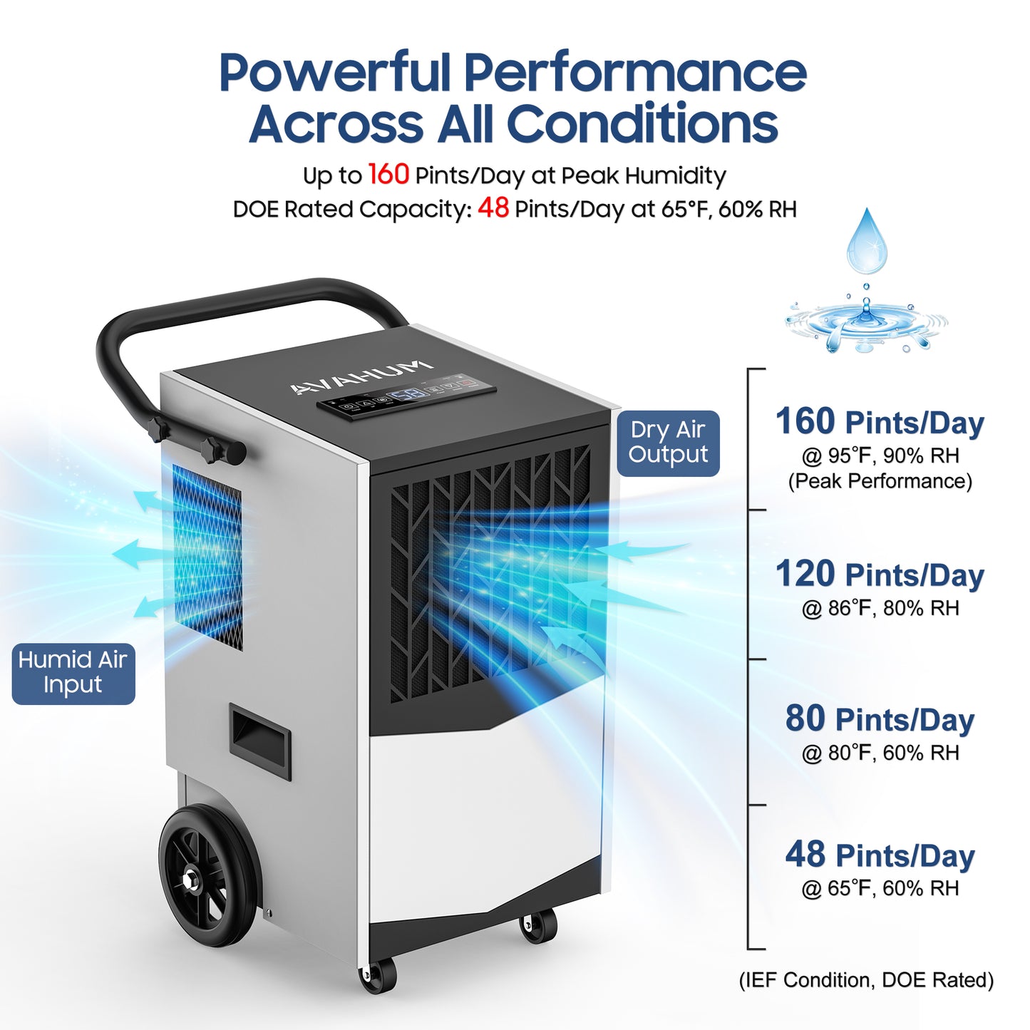 AVAHUM Commercial Dehumidifier, 160 Pints Large Dehumidifier with Pump Drain Hose, Up to 7,000 sq. ft, for Crawl Space, Basement, Warehouse, Water Damage Restoration, Job Sites