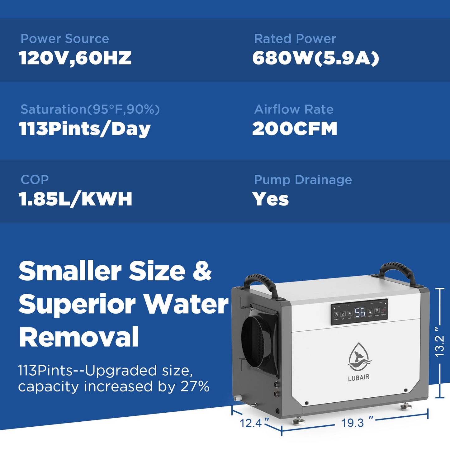 LUBAIR 113 Pints Crawl Space Dehumidifier with Pump, Commercial Dehumidifier with Drainage Hose, Coverage Area 1400 Sq.ft