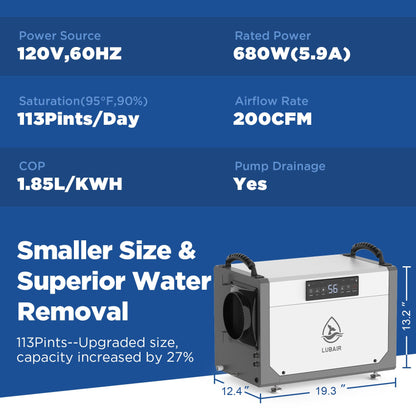 LUBAIR 113 Pints Crawl Space Dehumidifier with Pump, Commercial Dehumidifier with Drainage Hose, Coverage Area 1400 Sq.ft