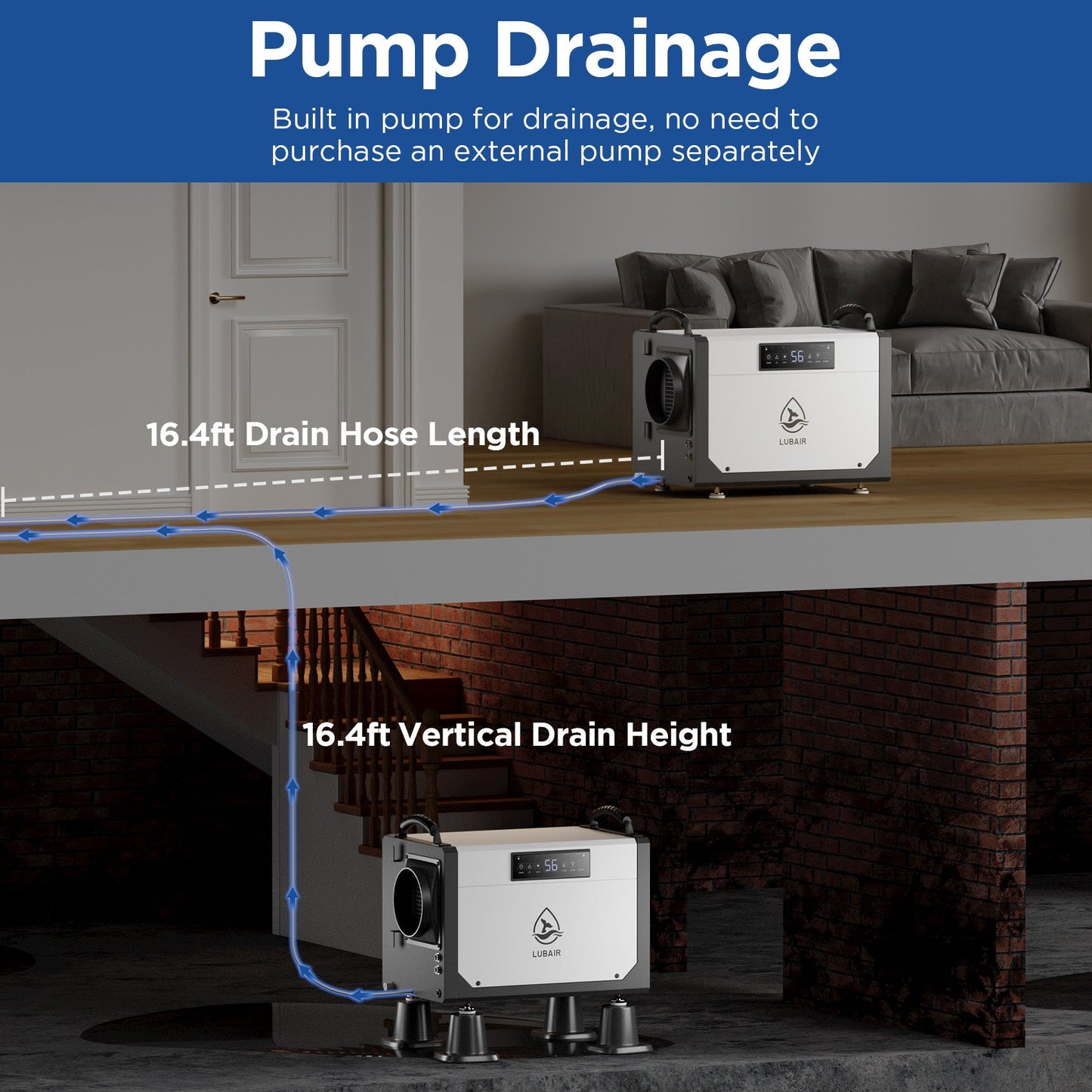 LUBAIR 113 Pints Crawl Space Dehumidifier with Pump, Commercial Dehumidifier with Drainage Hose, Coverage Area 1400 Sq.ft