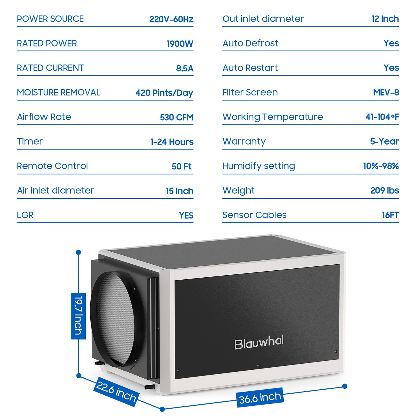 Blauwhal 420 Pints Crawl Space Dehumidifier with Pump, Commercial Dehumidifier for HAVC, Coverage Area 5,300 sq.ft