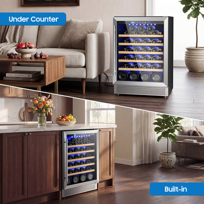 Wine Fridge & Cooler - 24 Inch 54 Bottle Wine Cooler Refrigerator, 41-64°F Dual Zone Wine Refrigerator Glass Door, Built-in or Freestanding Fridge for Home/Bar/Kitchen (5.3 cu.ft)