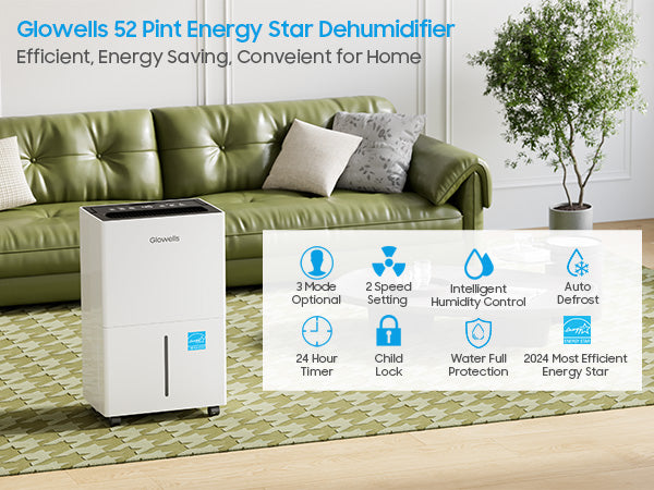 Glowells 52 Pints Portable Dehumidifier for Basements and Homes with Drain Hose, Covers up to 4500 Sq Ft, Removes up to 50 Pints of Moisture per Day (95°F, 95% RH)
