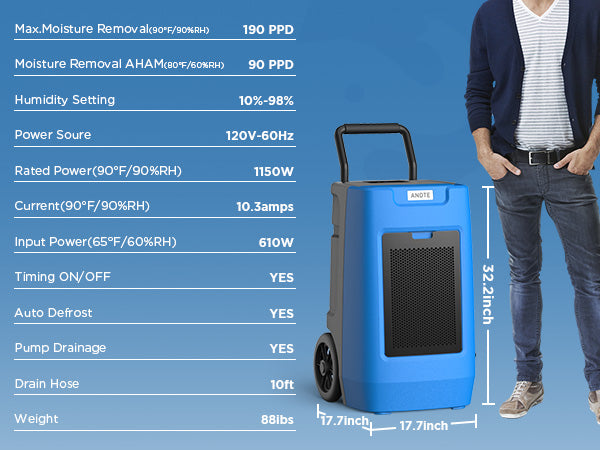 ANDTE 190 Pints Commercial Dehumidifier with Pump, Industrial Dehumidifier for Basements, Covers up to 6500 Sq.ft