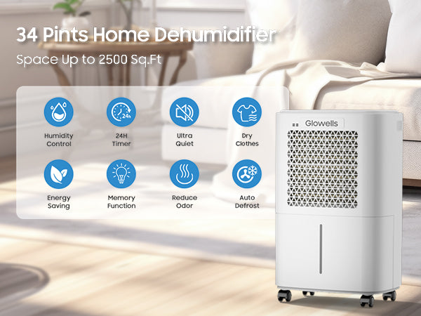 Glowells 2500 Sq.Ft Dehumidifiers for Home Basement with Drain Hose, 34 Pints Large Room Dehumidifier Portable with Smart Humidity Control, 3 Opeartion Modes for RV, Bathroom, Bedroom