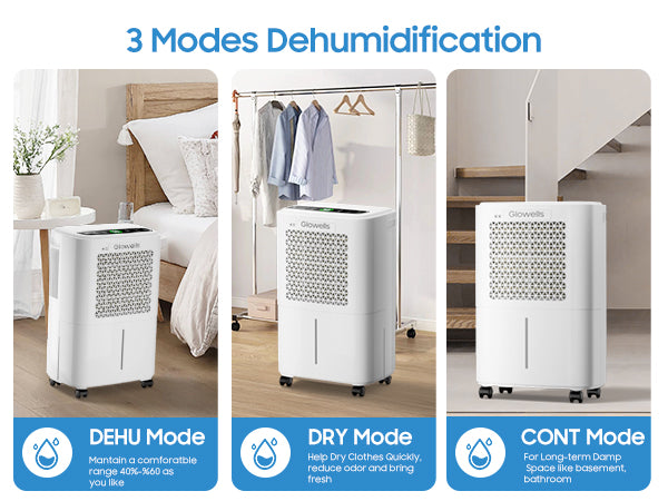 Glowells 2500 Sq.Ft Dehumidifiers for Home Basement with Drain Hose, 34 Pints Large Room Dehumidifier Portable with Smart Humidity Control, 3 Opeartion Modes for RV, Bathroom, Bedroom