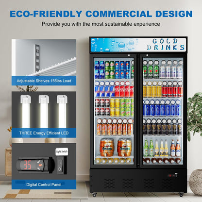 Commercial Merchandiser Refrigerator, Two Glass Door, 40 cu.ft, Upright Display Beverage Cooler