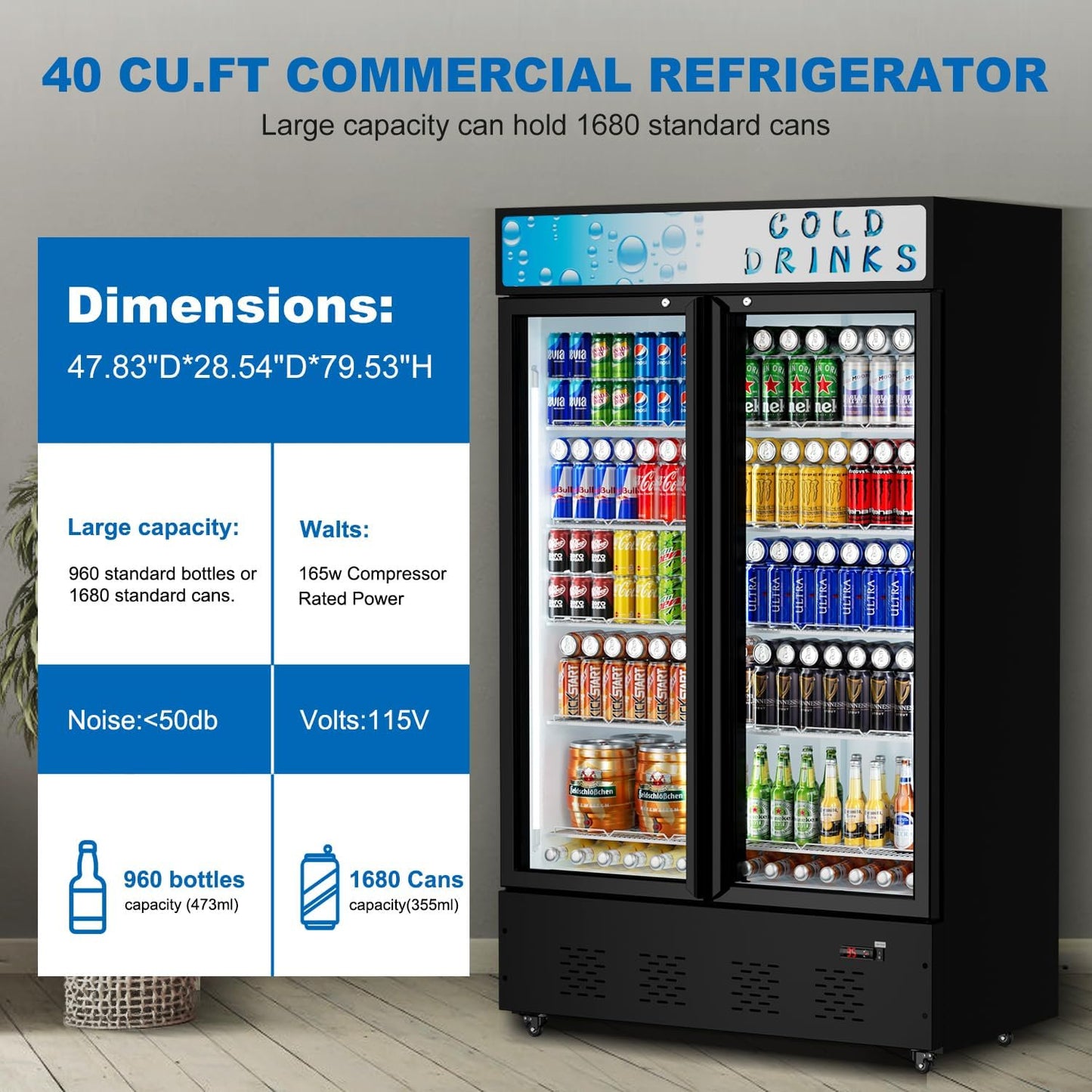 Commercial Merchandiser Refrigerator, Two Glass Door, 40 cu.ft, Upright Display Beverage Cooler