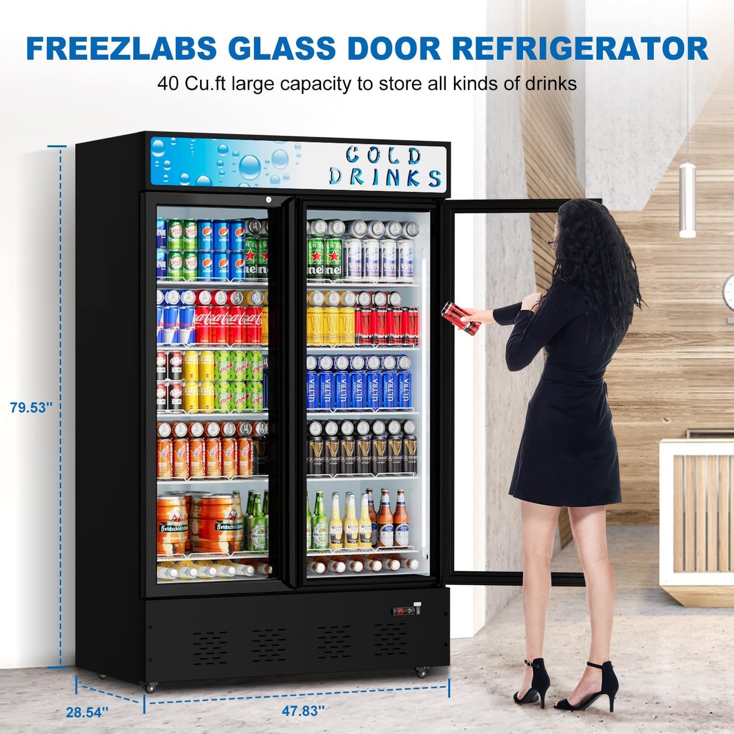 Commercial Merchandiser Refrigerator, Two Glass Door, 40 cu.ft, Upright Display Beverage Cooler