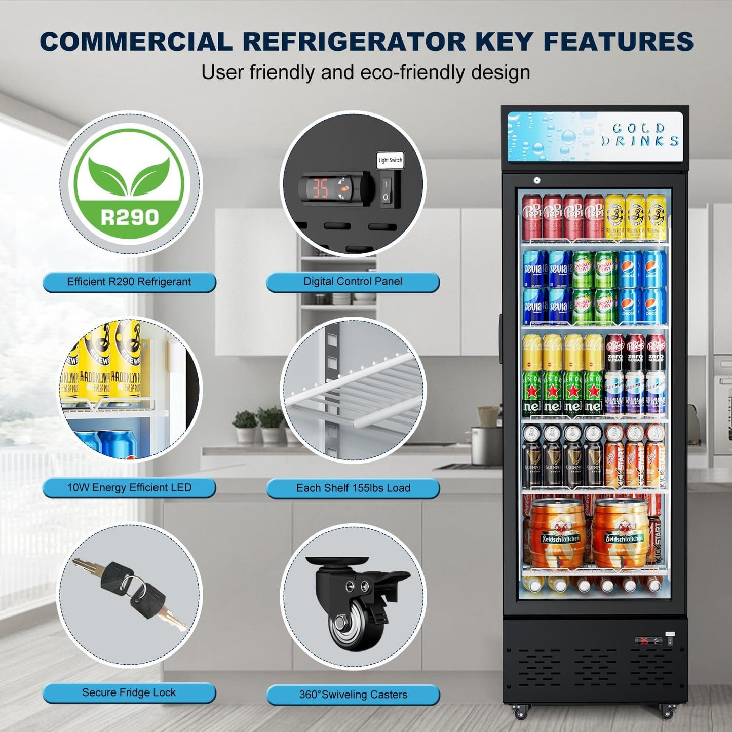 Commercial Merchandiser Refrigerator, One Glass Door, 12 cu.ft, Upright Display Beverage Cooler