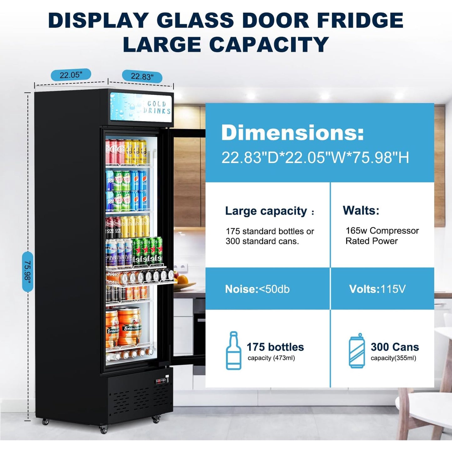 Commercial Merchandiser Refrigerator, One Glass Door, 12 cu.ft, Upright Display Beverage Cooler