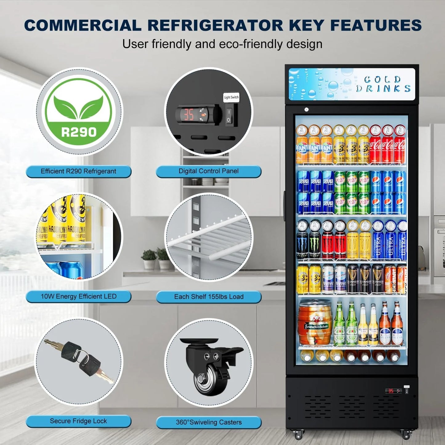 Commercial Merchandiser Refrigerator, One Glass Door, 15 cu.ft, Upright Display Beverage Cooler