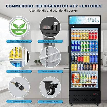 Commercial Merchandiser Refrigerator, One Glass Door, 15 cu.ft, Upright Display Beverage Cooler