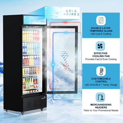 Commercial Merchandiser Refrigerator, One Glass Door, 15 cu.ft, Upright Display Beverage Cooler