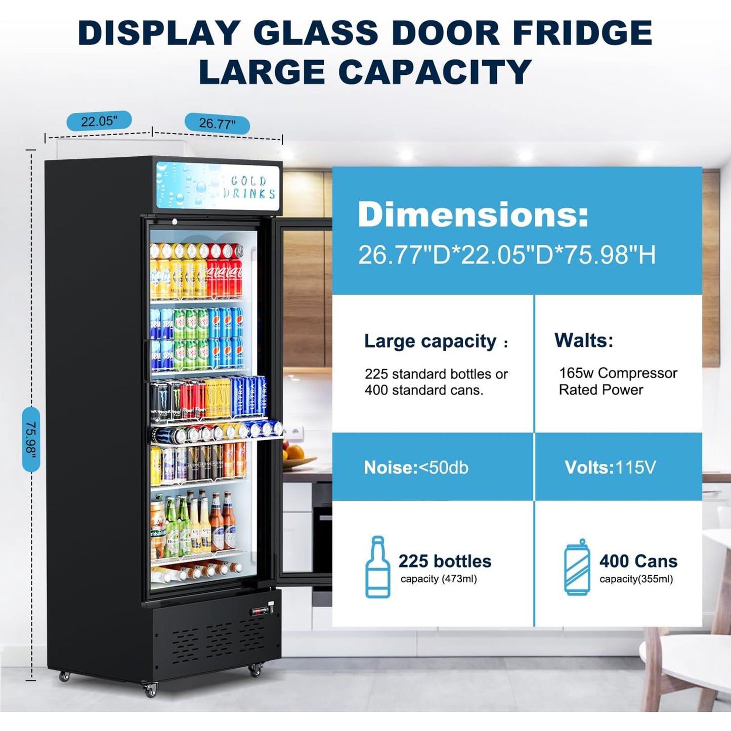 Commercial Merchandiser Refrigerator, One Glass Door, 15 cu.ft, Upright Display Beverage Cooler