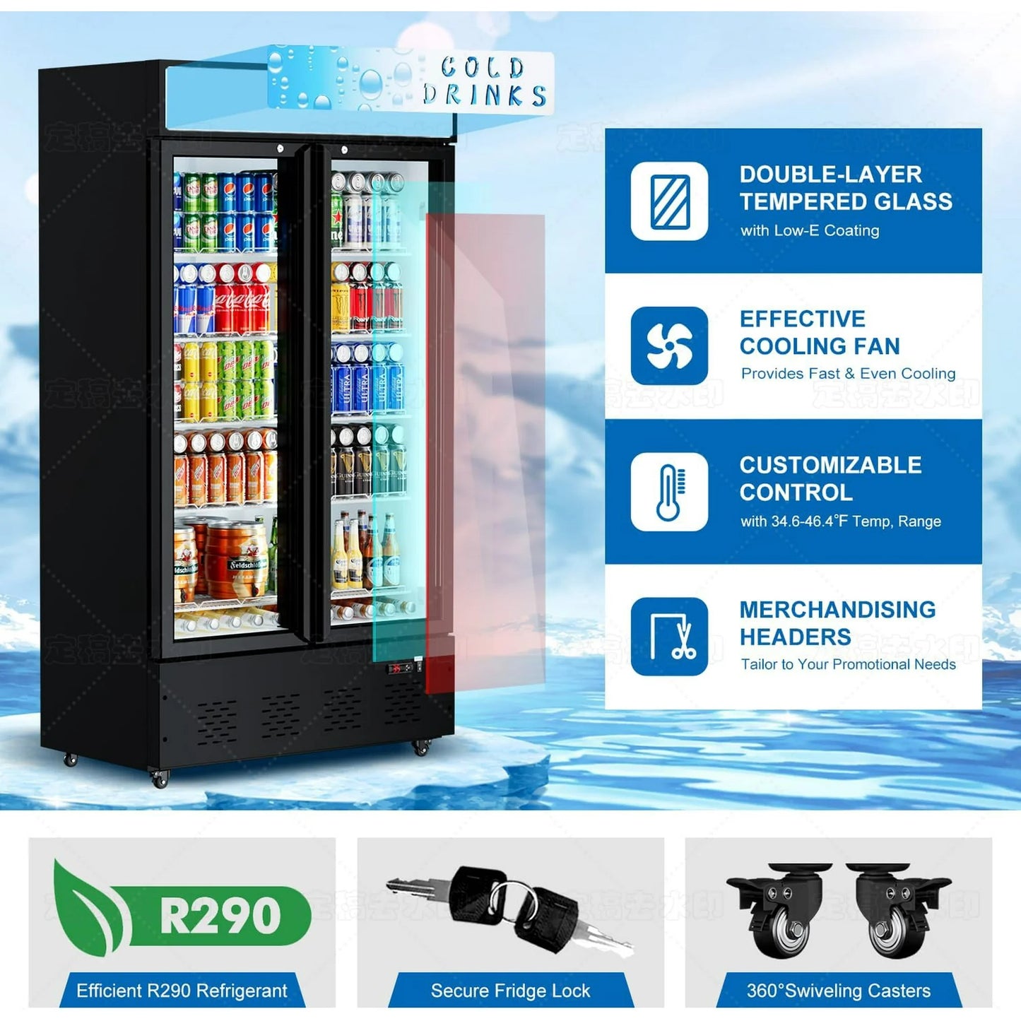 Commercial Merchandiser Refrigerator, Two Glass Door, 30 cu.ft, Upright Display Beverage Cooler