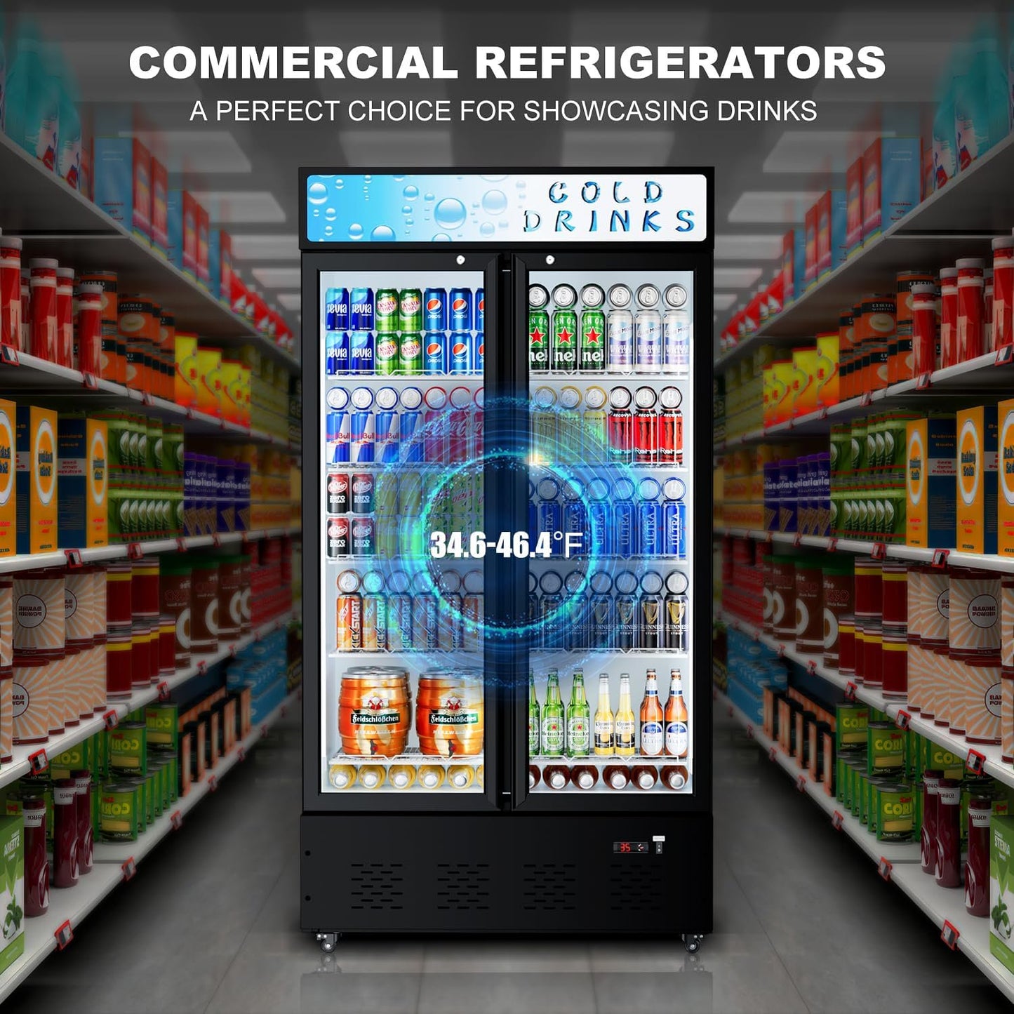 Commercial Merchandiser Refrigerator, Two Glass Door, 30 cu.ft, Upright Display Beverage Cooler