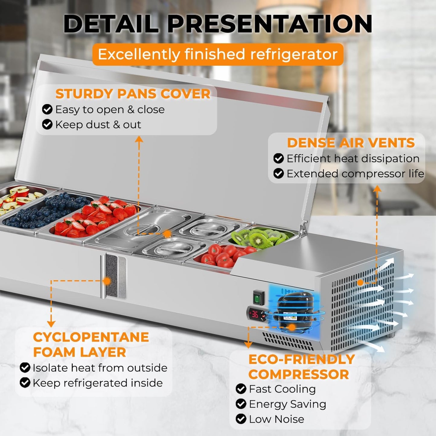 40" Refrigerated Condiment Prep Station, 28 QT Sandwich Prep Table & Salad Bar with Auto Defrost