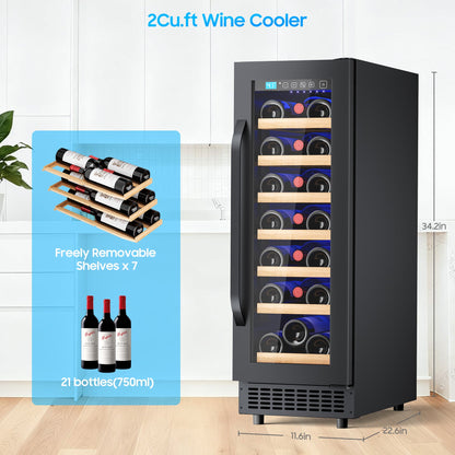 12" Wine Cooler Refrigerator 21 Bottle Wine Fridge Built-in or Freestanding with Double-Layer Tempered Glass Door Compressor quick cooling,Low Noise